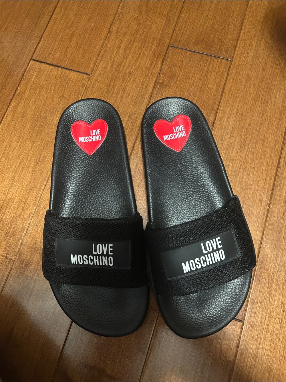 Love Moschino Black Slide Sandals with Red Heart Detail